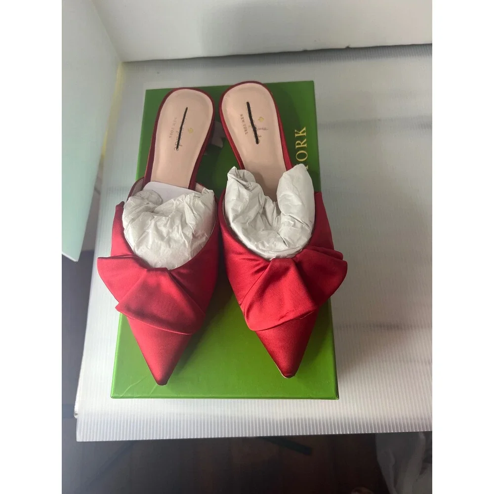 Kate Spade Faryn Red Satin Bow Pointed‎ Toe Mules Flats Size 8.5